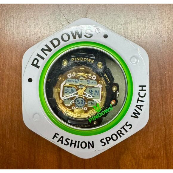 PINDOWS Men's 50M Waterproof Analog Digital LED Watch Gold/Black - Picture 3 of 5